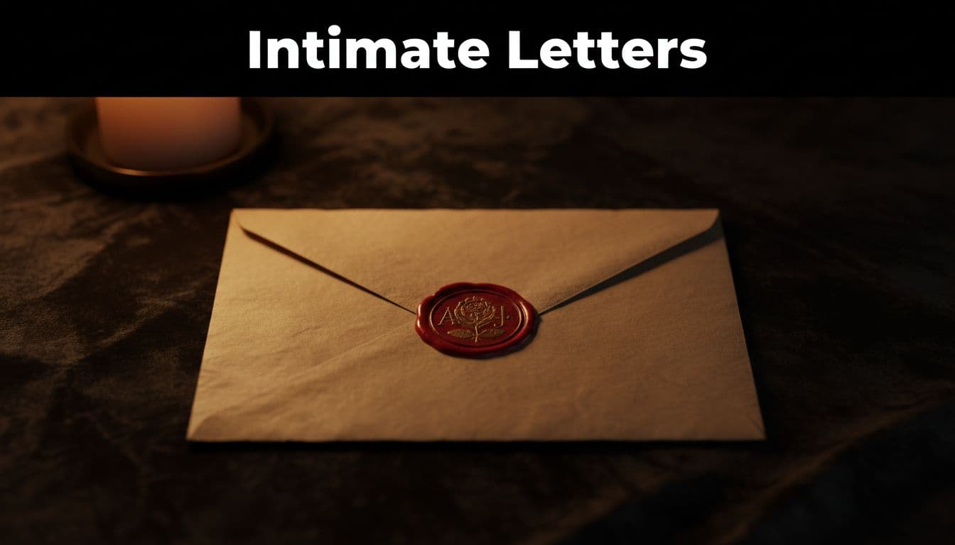 Ornate envelope with red wax seal on aged parchment rests on dark velvet in candlelight, black band with 'Intimate Letters' headline.