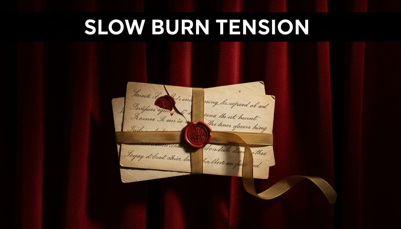 Stack of three partially unfurled handwritten letters tied with gold ribbon on deep red velvet, wax seal remnants below black 'Slow Burn Tension' headline band.
