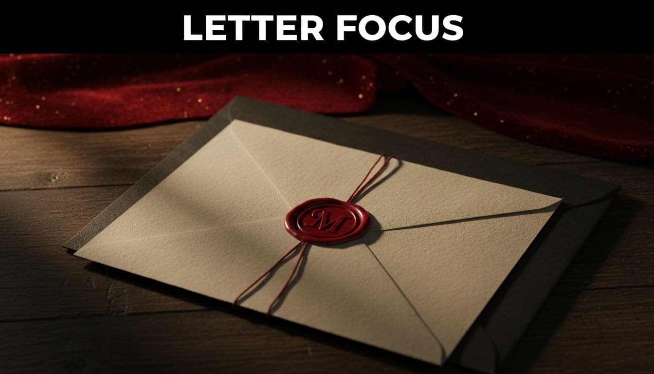 Wax-sealed letter partially pulled from dark envelope on wooden table with candlelight shadows and red velvet background.