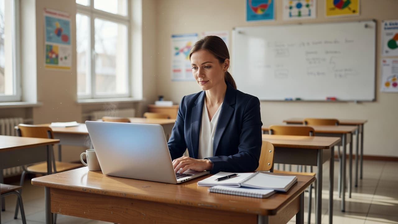A professional teacher sits at a cluttered wooden desk with an open laptop, positioned in a quiet classroom. Sunlight streams through large windows, illuminating organized bookshelves and colorful student project displays.
