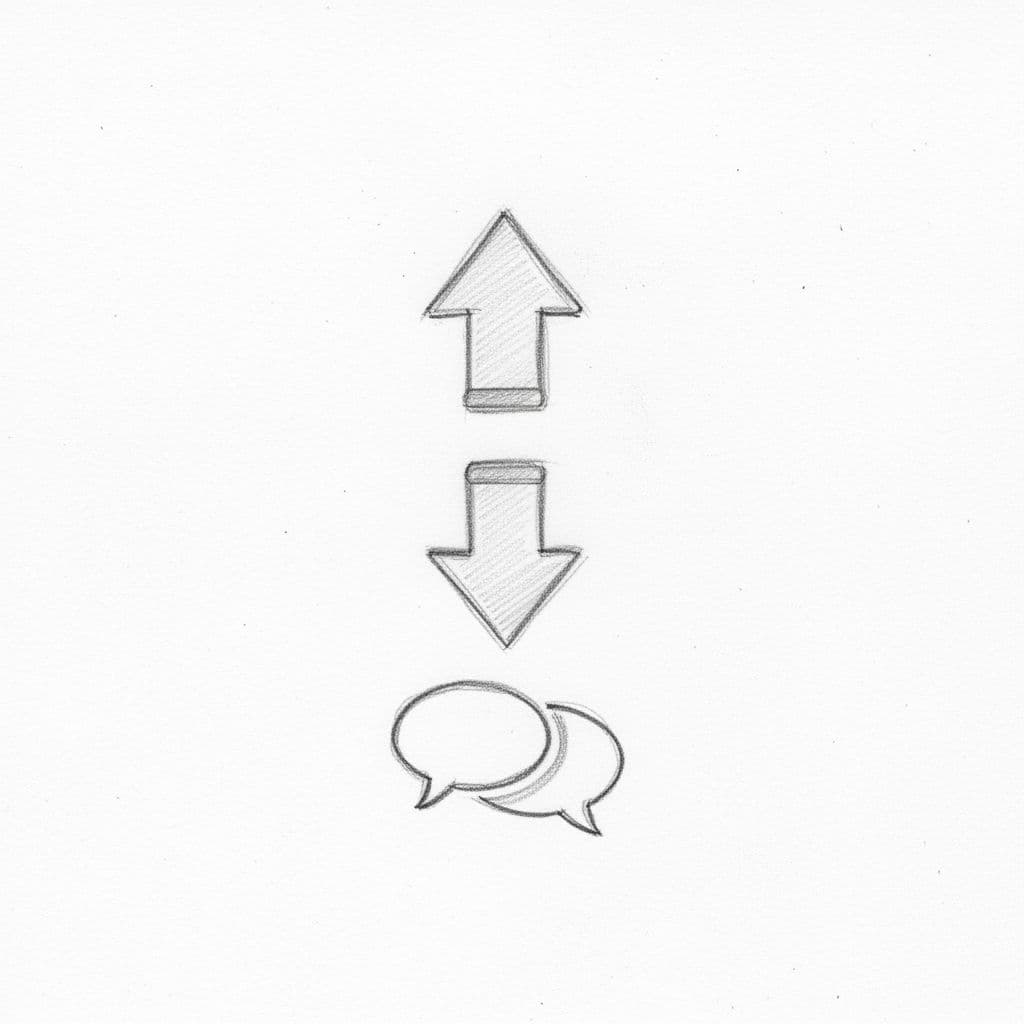 Hand-drawn sketch shows upvote arrow, downvote arrow, and comment icons centered on white paper with light shading.