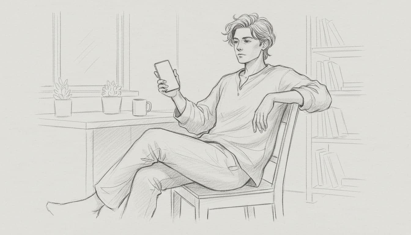 Graphite sketch of relaxed person at desk holding phone.