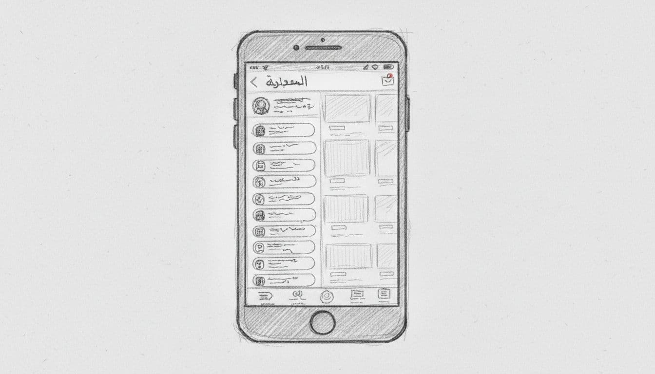 Hand-drawn sketch of angled smartphone screen showing Reddit app subreddit list in sidebar on light gray paper.