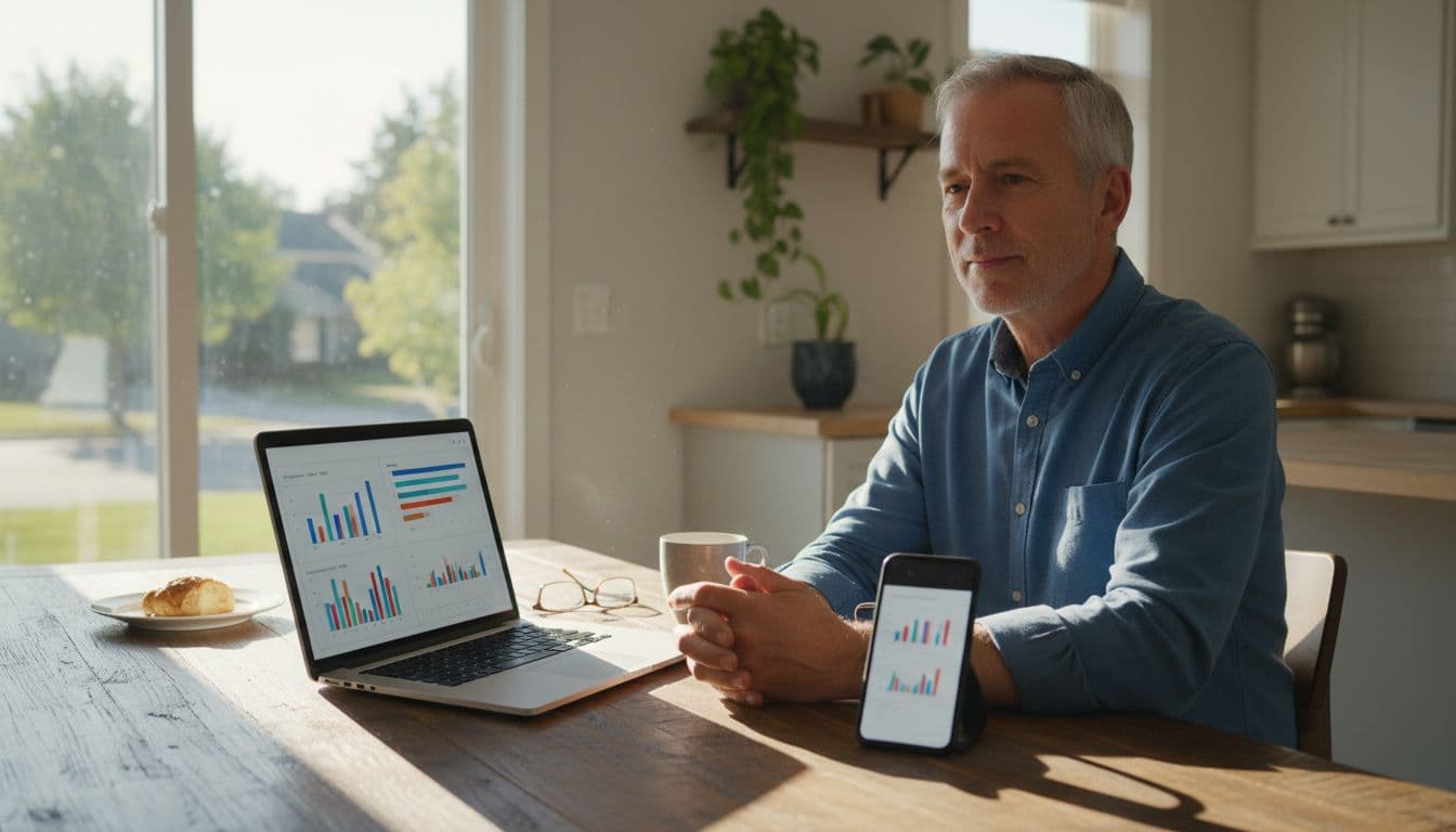 A middle-aged driver sits relaxed at a kitchen table with a laptop open to insurance quote comparison sites, phone nearby, coffee cup beside, in bright morning light through window, realistic photo.