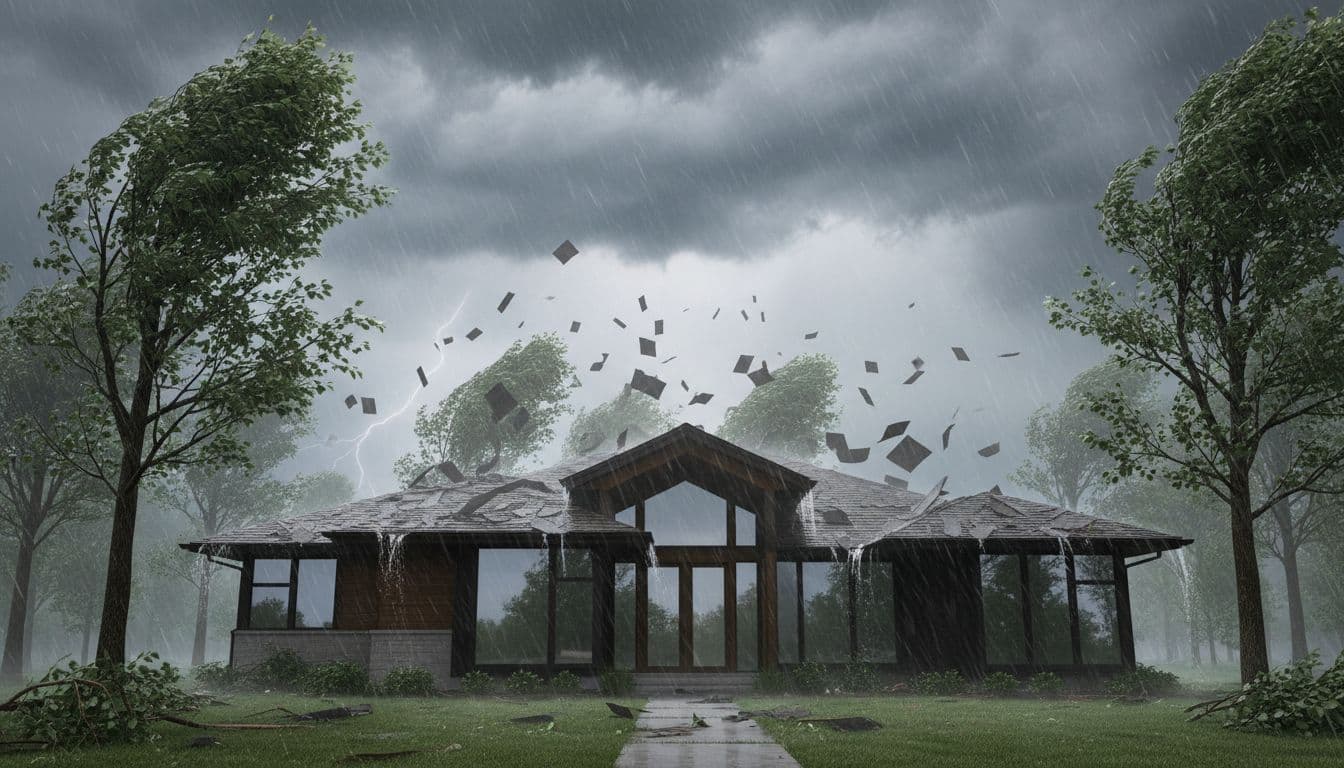 Modern suburban house exterior battered by heavy rain and wind during a storm, with roof shingles flying off and trees bending, under overcast sky with distant lightning.