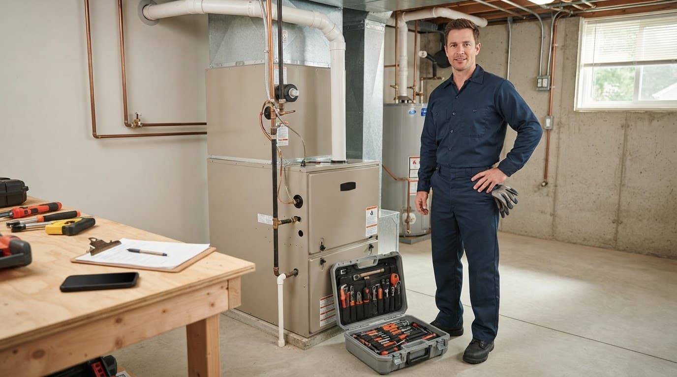 A home service technician stands beside a furnace, tools, smartphone, and clipboard.