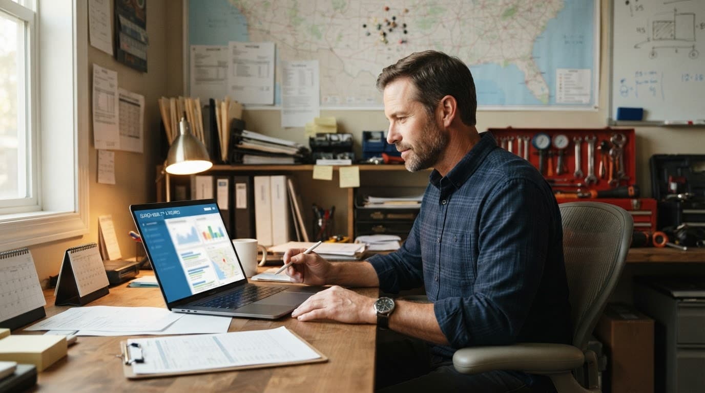 A home service owner reviews a laptop in an HVAC and plumbing office.