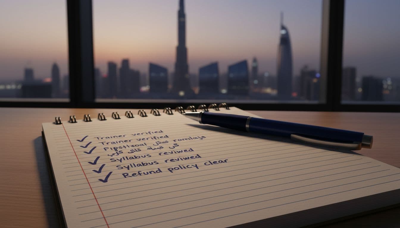 Handwritten checklist on a notepad page for selecting a forex trading class, with checkmarks next to items like trainer verified, syllabus reviewed, and clear refund policy. Ballpoint pen rests on top, Dubai skyline through window in soft evening light, realistic photo.