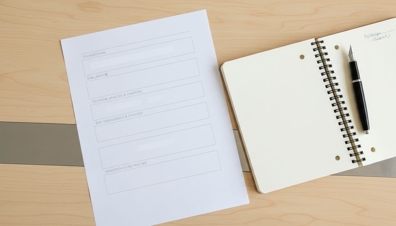 Detailed forex trading syllabus outline on white paper laid flat on a modern Dubai desk, with faintly suggested sections like basics, charts, risk management, and practice, alongside an open notebook and pen under bright light. Photorealistic close-up with no readable text, people, devices, logos, or borders.