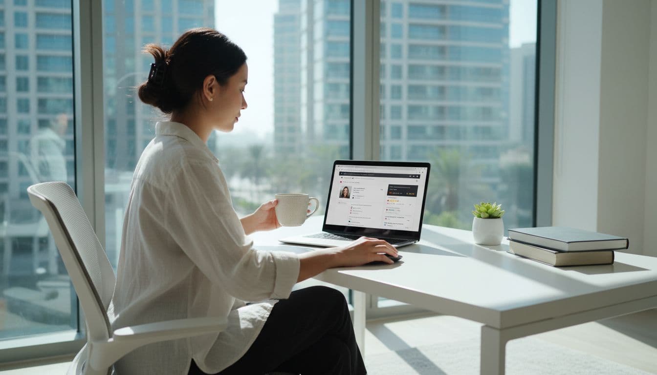 A focused young adult in a bright Dubai home office researches a forex trainer on a laptop displaying LinkedIn and business directory tabs, with a relaxed hand on the mouse and a coffee mug nearby, illuminated by natural daylight.