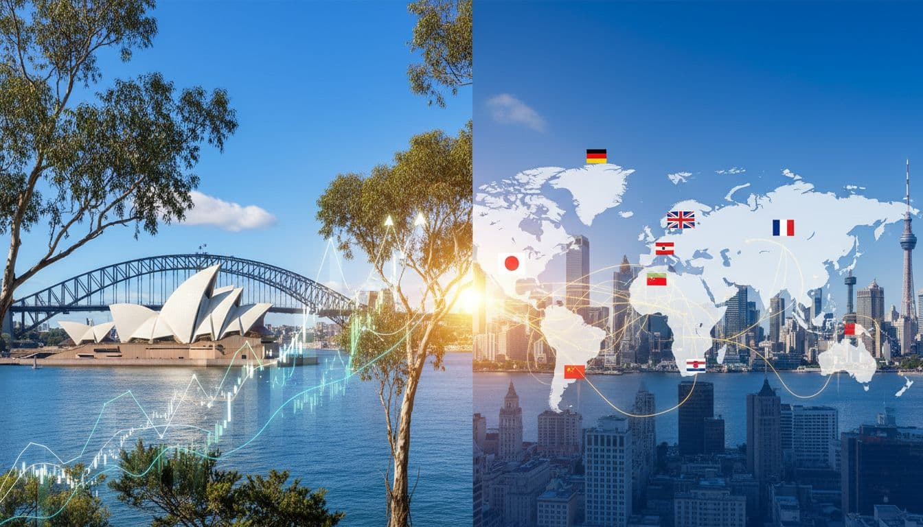 A photorealistic landscape image split into two halves: left side showcases Australian landmarks like Sydney Opera House with upward stock trends and eucalyptus trees; right side features global stock markets with city skylines and flags, connected by glowing lines symbolizing diversification.