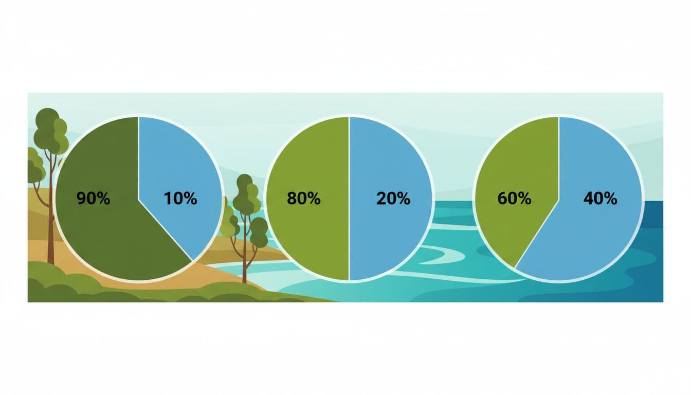 Modern infographic illustration of three pie charts showing ETF portfolio allocations for Australians: 90/10, 80/20, and 60/40 equities to bonds, with subtle Australian landscape background.