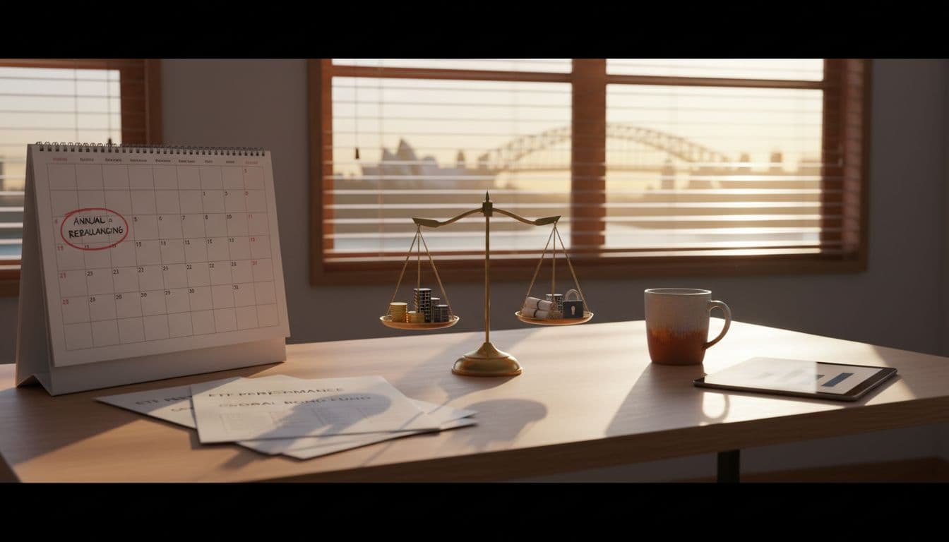 Photorealistic simple home office desk in Australia with annual rebalancing calendar, ETF reports, balanced scale of stocks and bonds, coffee mug, and Sydney skyline view through blinds.