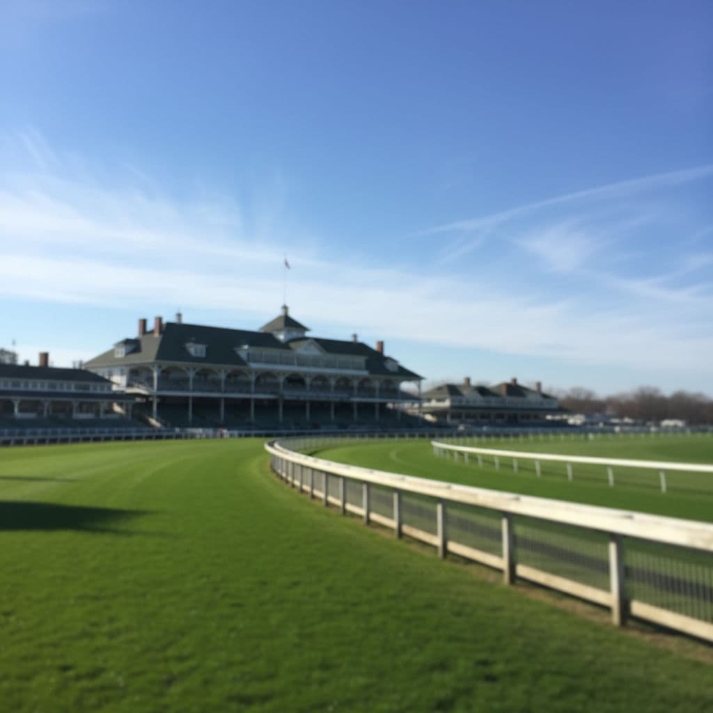 A wide view of a lush green horse racing track featuring white railings and a distant grandstand.