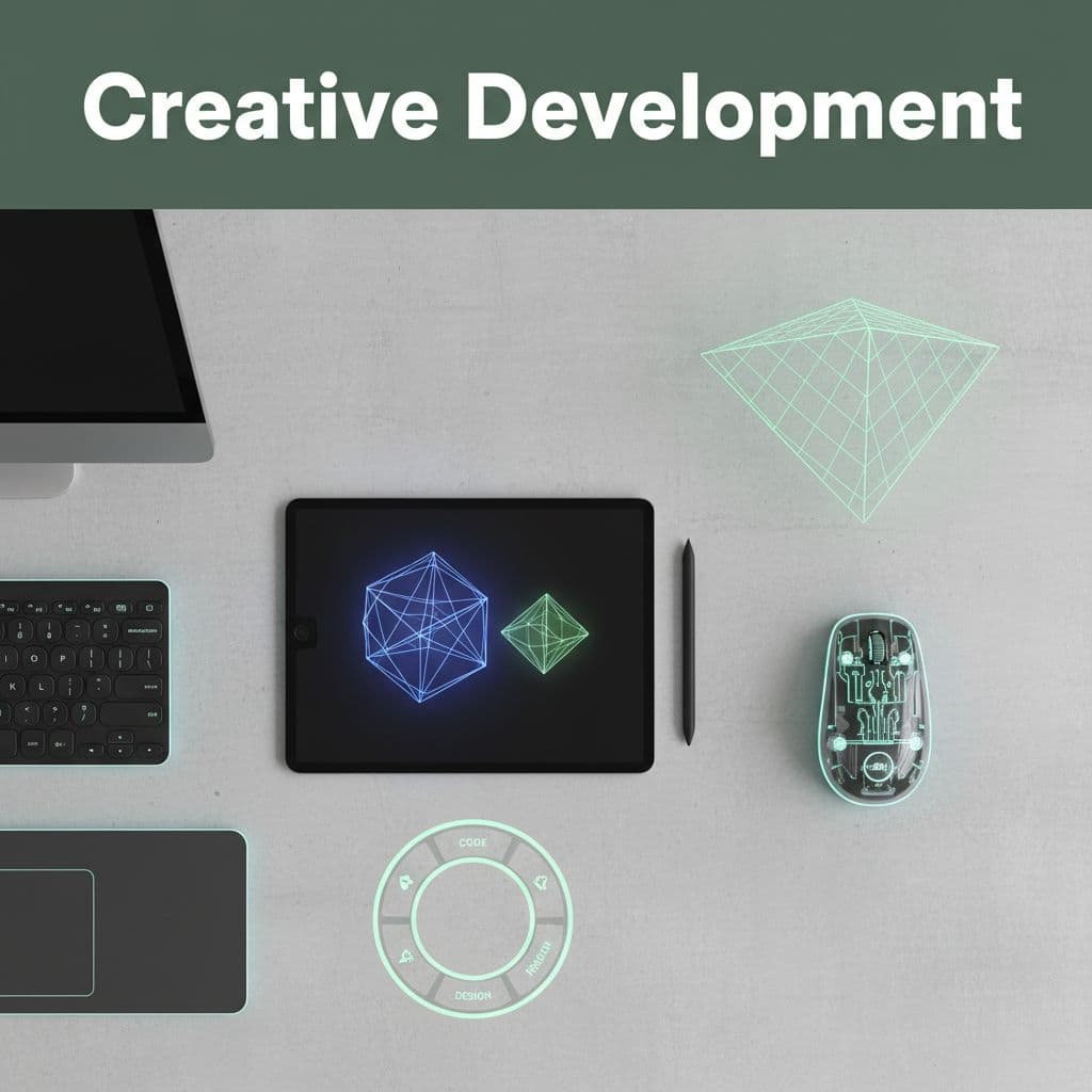 Top view of minimalist desk with geometric shapes and dark-green band headlined 'Creative Development' in bold white letters.