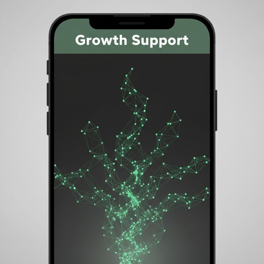 Smartphone screen shows stylized abstract digital growth with connected dots and dark-green top band bearing 'Growth Support' headline.