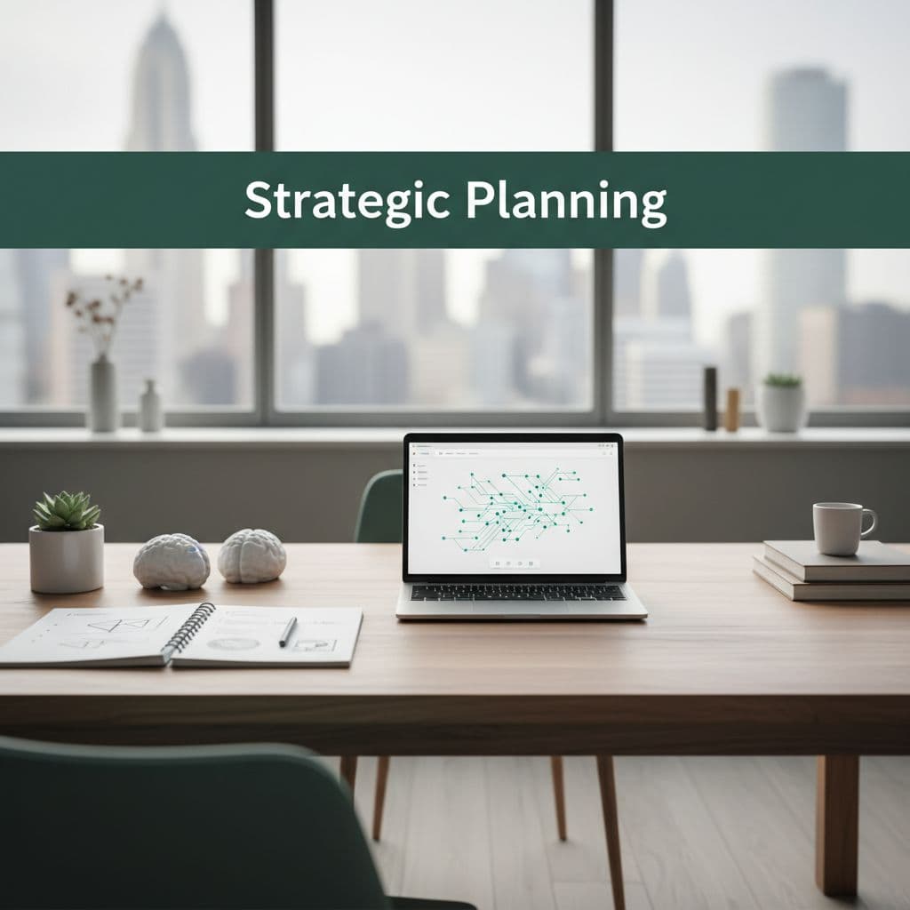 Laptop on wooden desk in clean modern workspace with dark-green top band and bold white 'Strategic Planning' headline.