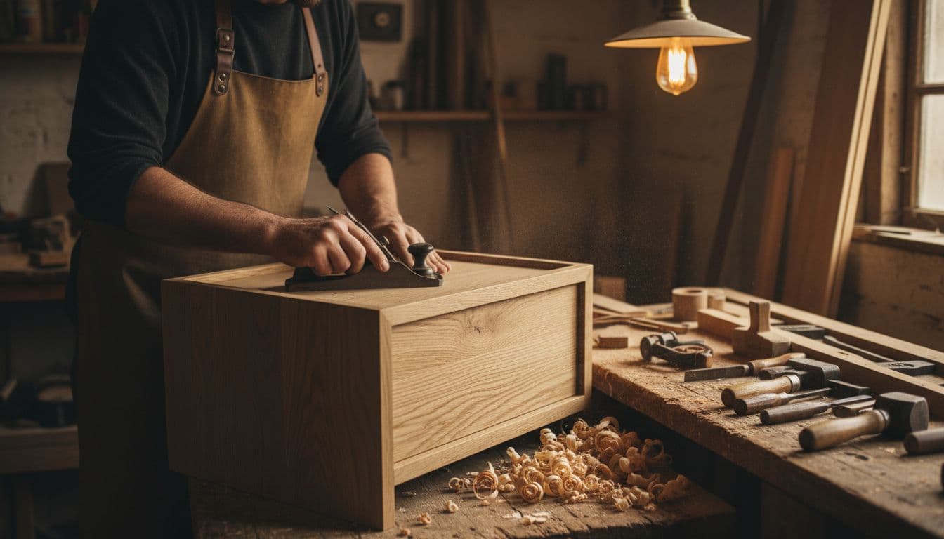 A skilled carpenter in a rustic workshop sands the surface of a wooden bedside table, surrounded by hand tools and wooden shavings on the floor, illuminated by warm overhead lighting in photorealistic style.