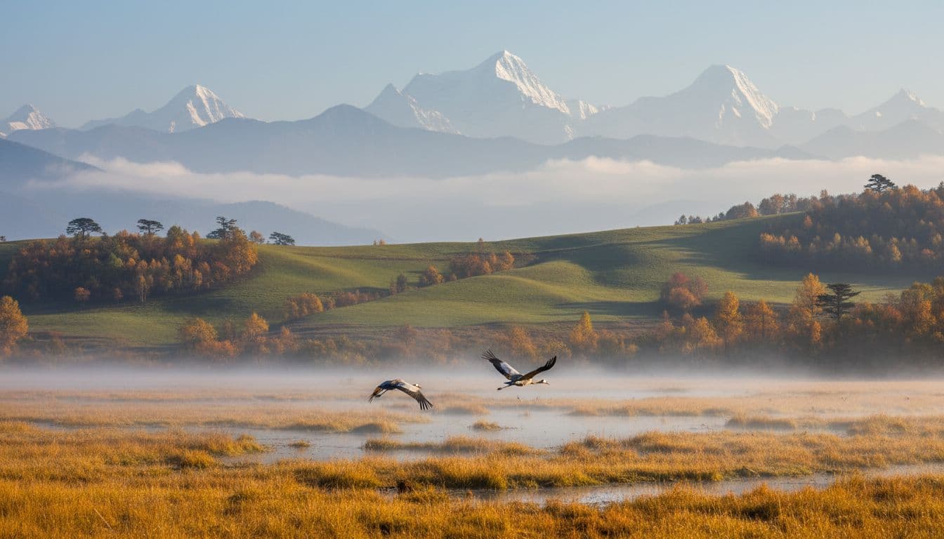 Tranquil Phobjikha Valley in Bhutan during crane migration season, featuring wetlands with exactly two black-necked cranes in flight, rolling green hills, distant snow-capped Himalayas, golden autumn foliage, and foggy morning mist in an expansive photorealistic landscape.
