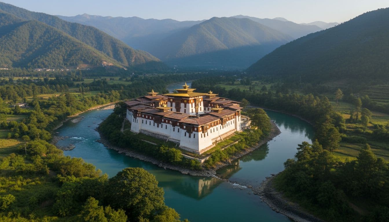 Punakha Dzong fortress in Bhutan at the confluence of Mo Chhu and Pho Chhu rivers, with white walls, golden roofs, lush green valley, and turquoise waters in soft morning light.