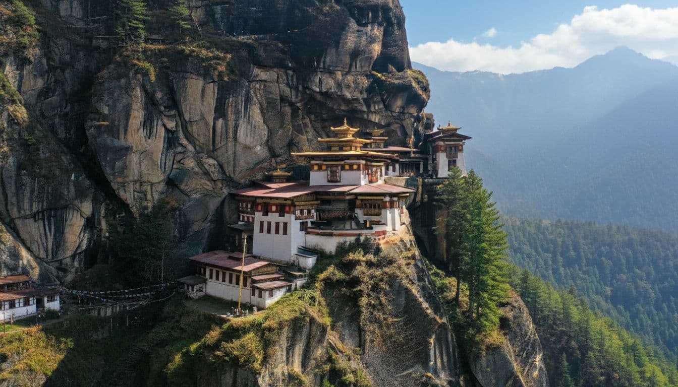 Iconic Tiger's Nest Monastery perched on a steep granite cliff in Paro Valley, Bhutan, surrounded by lush pine forests and misty mountains, dramatic aerial view from below in photorealistic style.