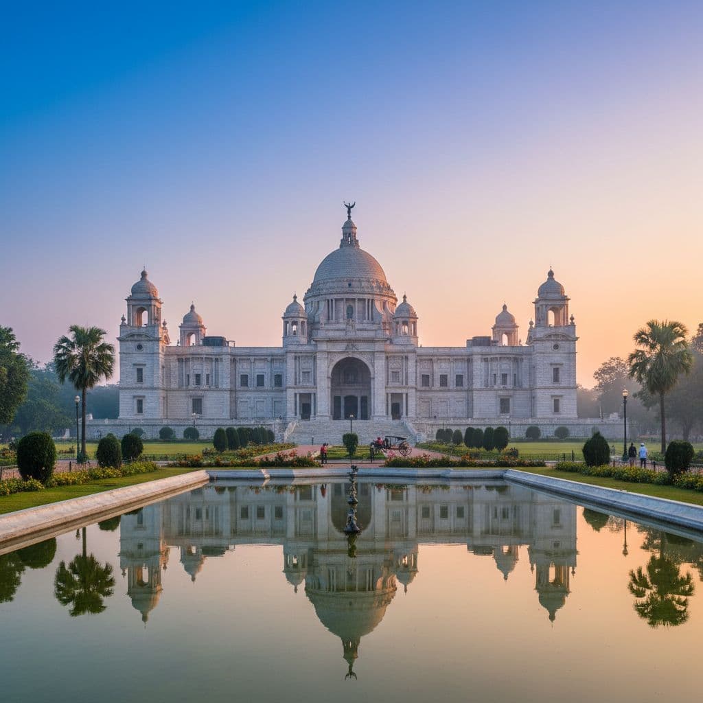 The white marble Victoria Memorial building stands amidst lush green gardens during a clear sunrise.