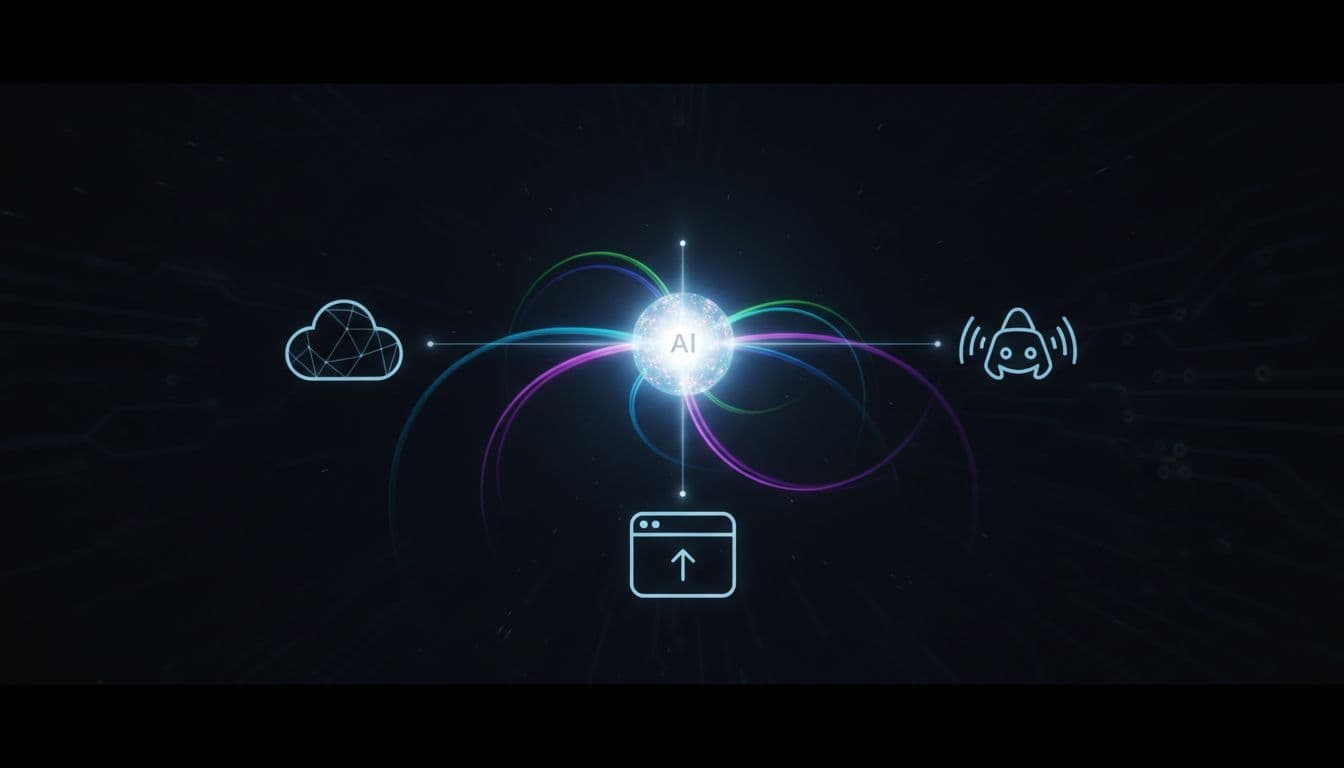 A glowing central node connects to various digital service icons via bright lines on a dark background.