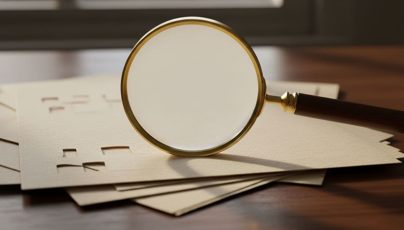 A magnifying glass rests above a pile of blank paper documents on a wooden desk surface.