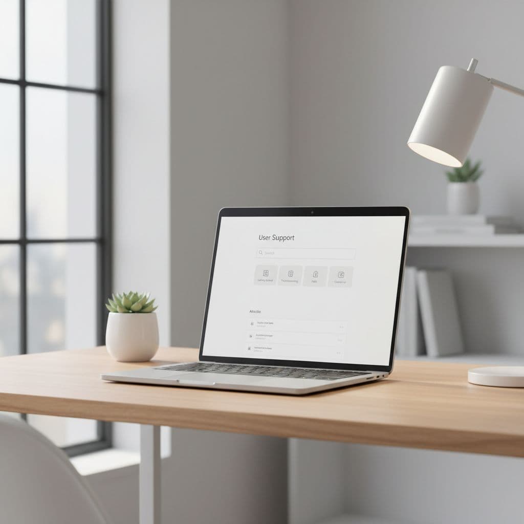 A laptop sits on a clean wooden desk displaying a professional technical support interface.