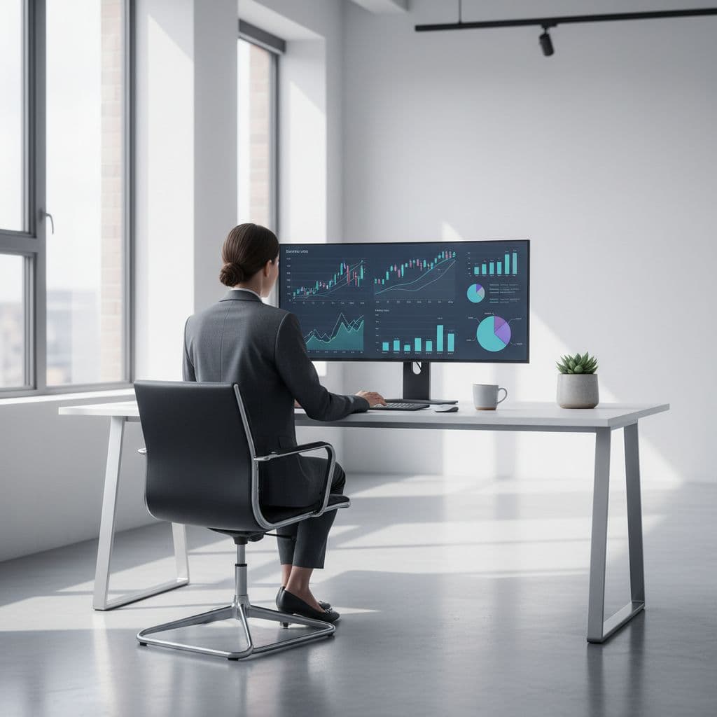 A person sits at a clean, modern desk reviewing complex analytical data on a computer screen.