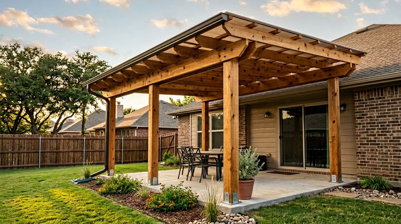 Photorealistic exterior backyard scene of a 10x20 cedar patio cover attached to a single-story house, featuring warm western red cedar wood, modern post-and-beam design with four 6x6 posts, double 2x10 header, 2x8 rafters, and translucent bronze-tinted polycarbonate roof panels under golden-hour sunlight.