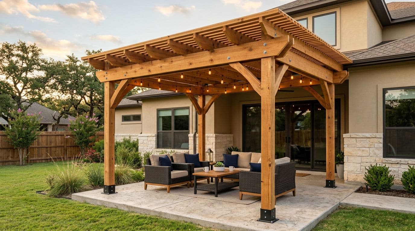 High-resolution photorealistic exterior of a backyard with a 12x12 cedar patio cover attached to a modern suburban Texas home, featuring detailed wood elements, concrete slab, outdoor seating, and golden hour lighting.