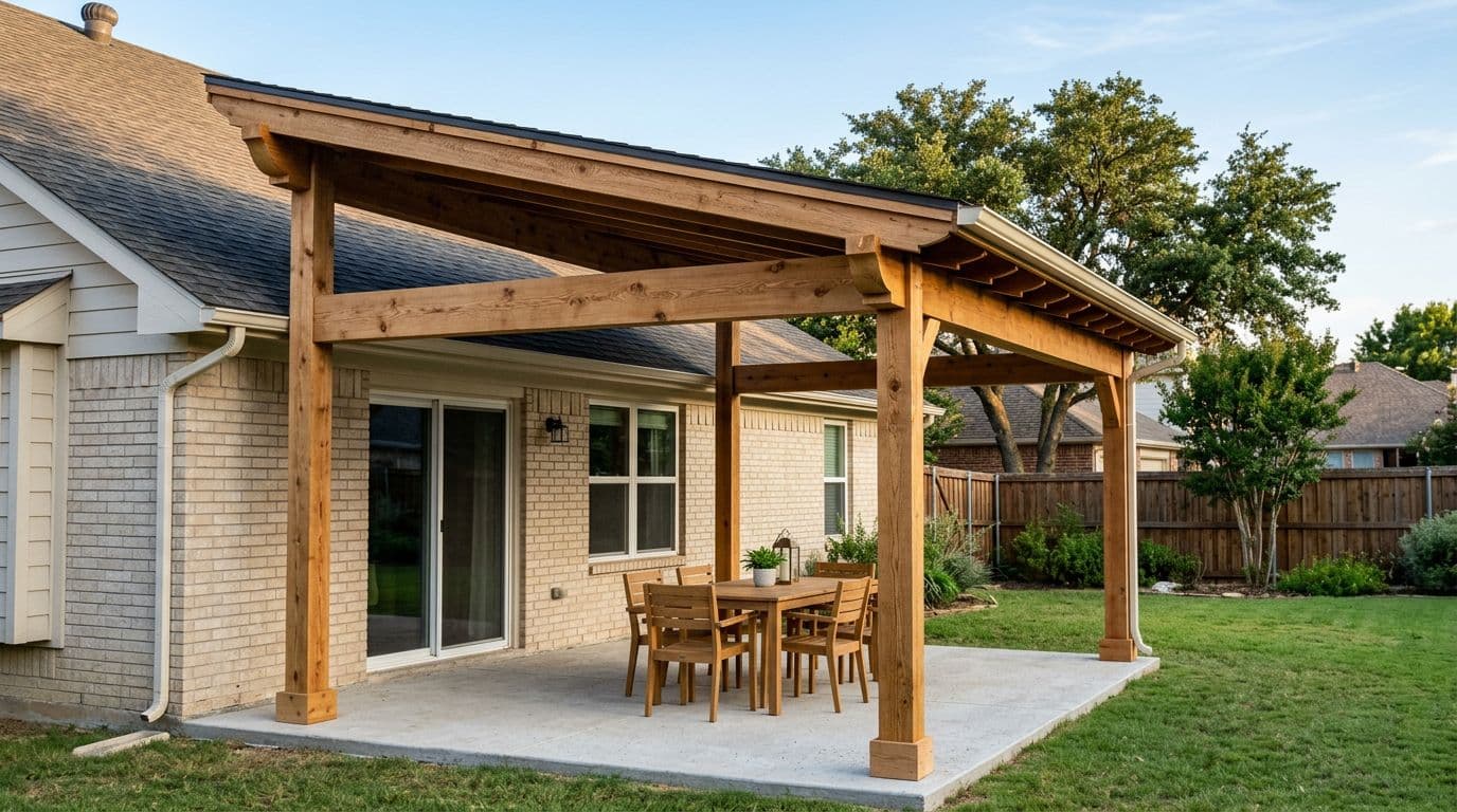 A photorealistic render of a completed 12x16 cedar patio cover in a suburban North Texas backyard, featuring four cedar posts and beams with visible grain, decorative ends, sloped shingle roof, concrete patio, and simple outdoor furniture.