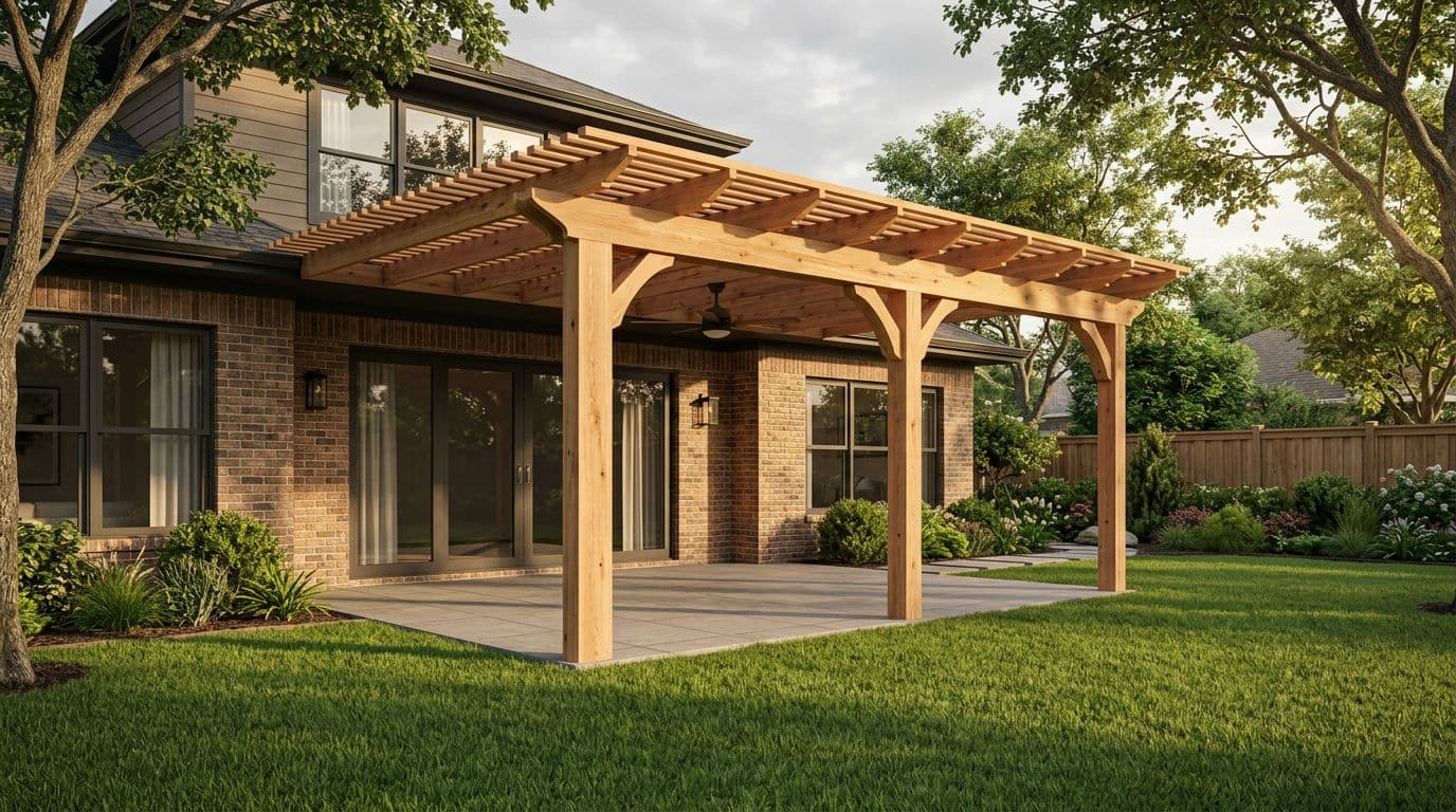 High-resolution realistic 3D exterior rendering of a 12x20 cedar patio cover attached to a modern suburban home in North Texas. Features natural Western red cedar wood, visible grain, clean joinery, three 6x6 posts, 2x8 beams, 2x6 rafters, decorative knee braces, and open-lattice top under soft afternoon sunlight.