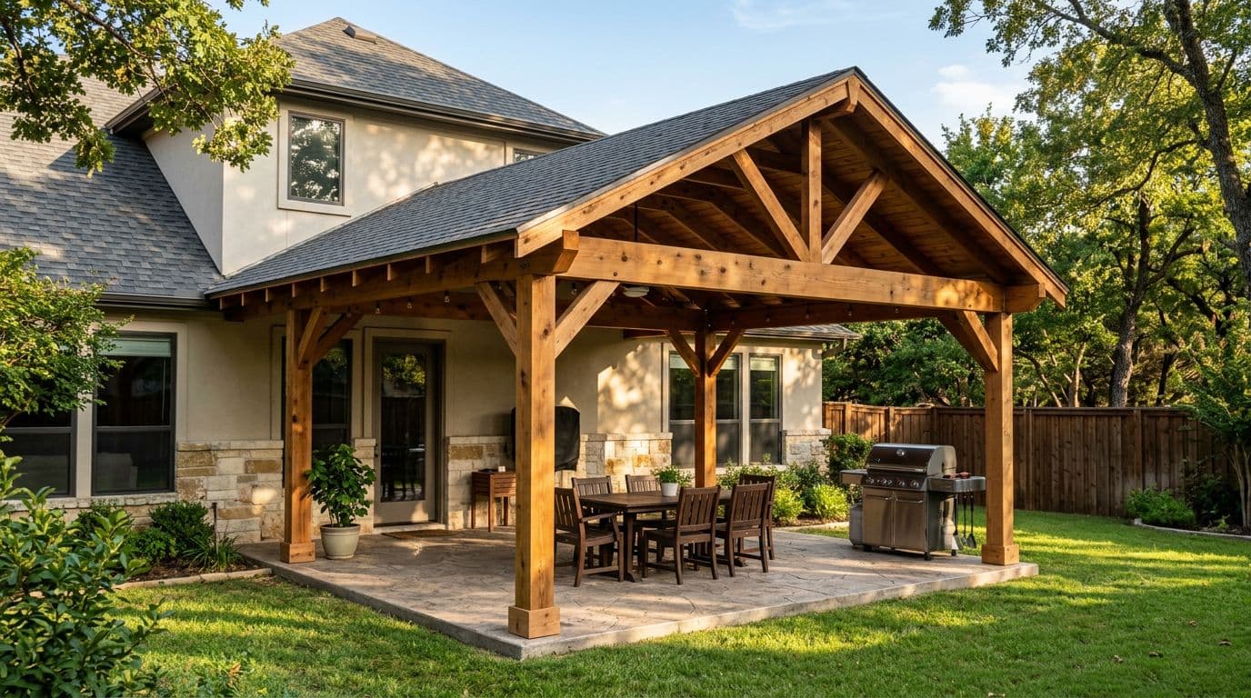 High-resolution photorealistic architectural visualization of a 16x20 cedar patio cover attached to a modern suburban home in North Texas, with natural cedar tones and warm afternoon sunlight filtering through trees.