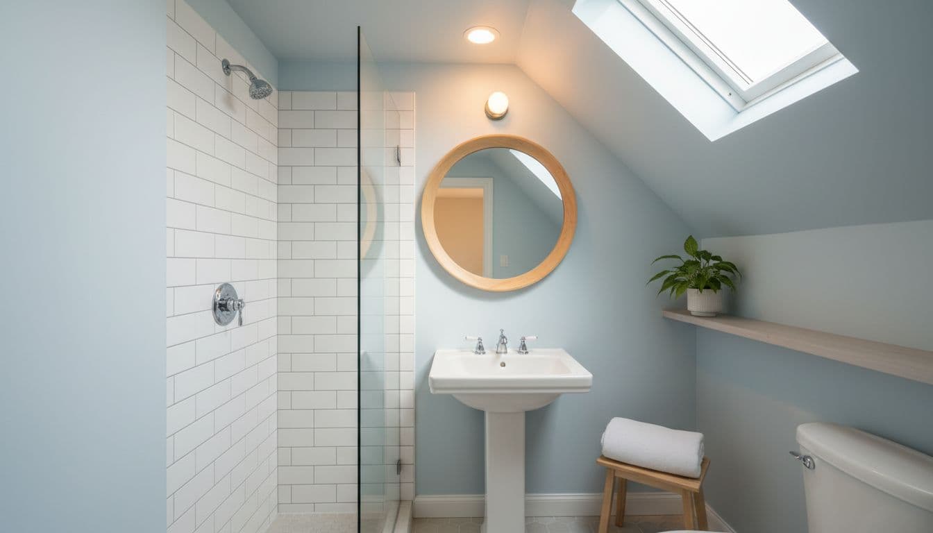 Bright compact bathroom featuring pale blue walls, white subway tile shower, large round mirror, pedestal sink, and soft layered lighting from skylight and vanity to create an open, spacious feel with one plant and fluffy towel.
