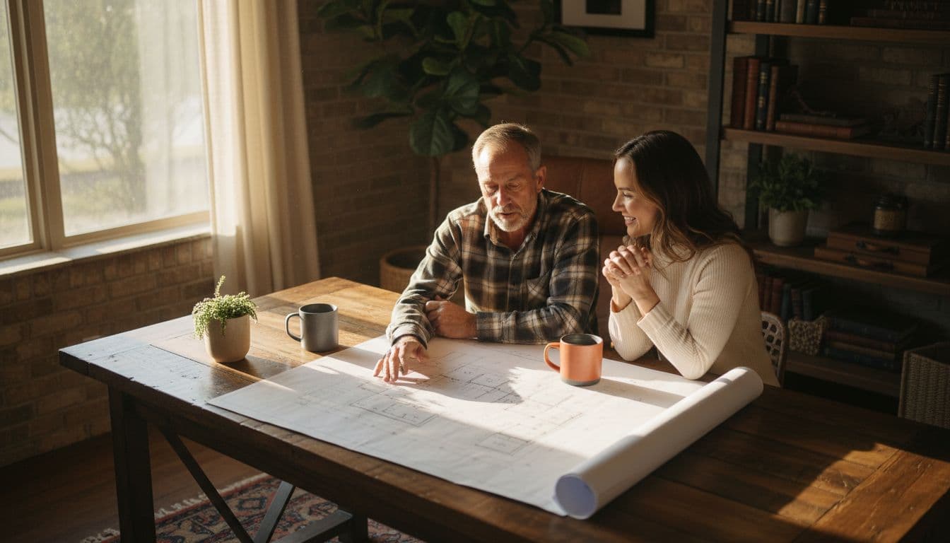 Over-the-shoulder view of a contractor and homeowner engaged in a relaxed discussion over blueprints spread on a wooden desk in a sunny Argyle TX home office, with coffee mugs nearby.