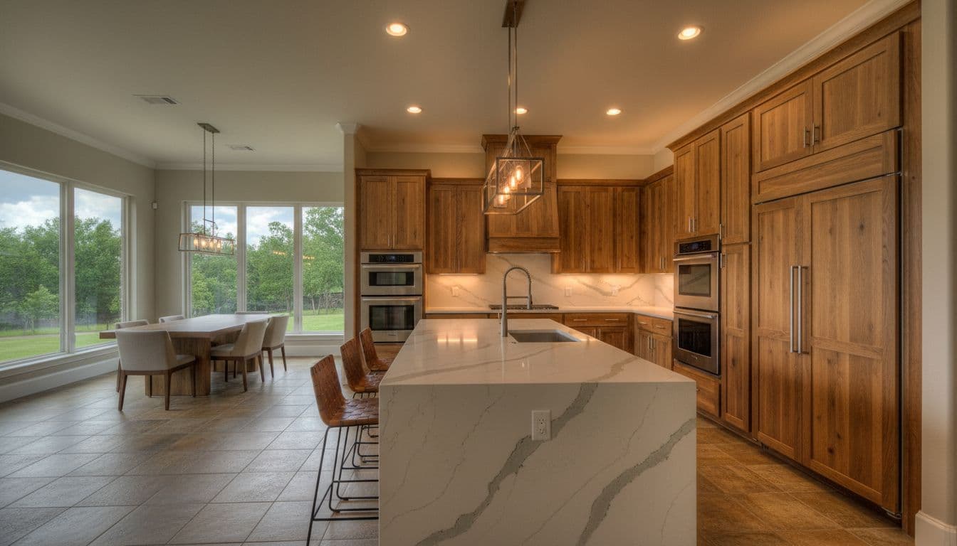 Argyle TX remodeling costs remodel in Argyle TX home with quartz countertops, stainless steel appliances, central island with bar stools, warm wood cabinets, and natural light from large backyard windows in cinematic wide-angle style.