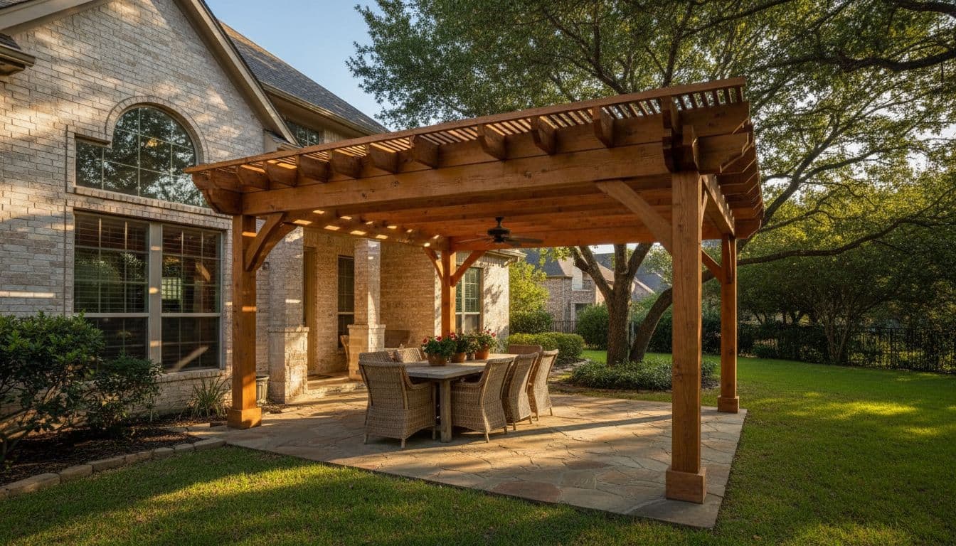 Beautiful Western red cedar patio cover attached to a suburban Texas home in Argyle, providing ample shade over a stone patio with outdoor dining table and chairs, lush green lawn and trees in background, warm afternoon sunlight, cinematic wide-angle landscape.