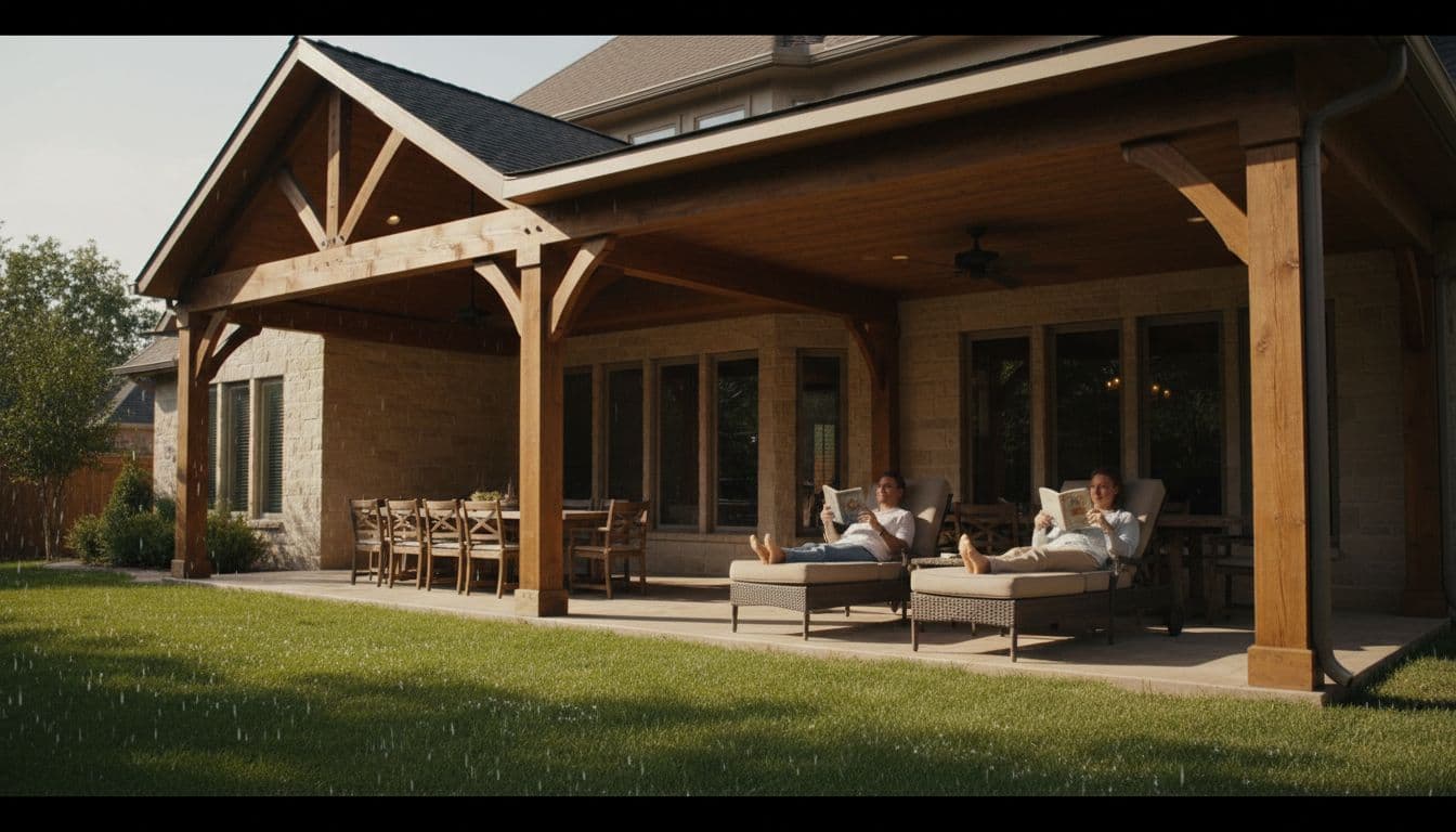 Expansive backyard patio shaded by a solid cedar cover attached to a traditional North Texas home, where two adults relax reading on lounge chairs, protected from sun and rain.