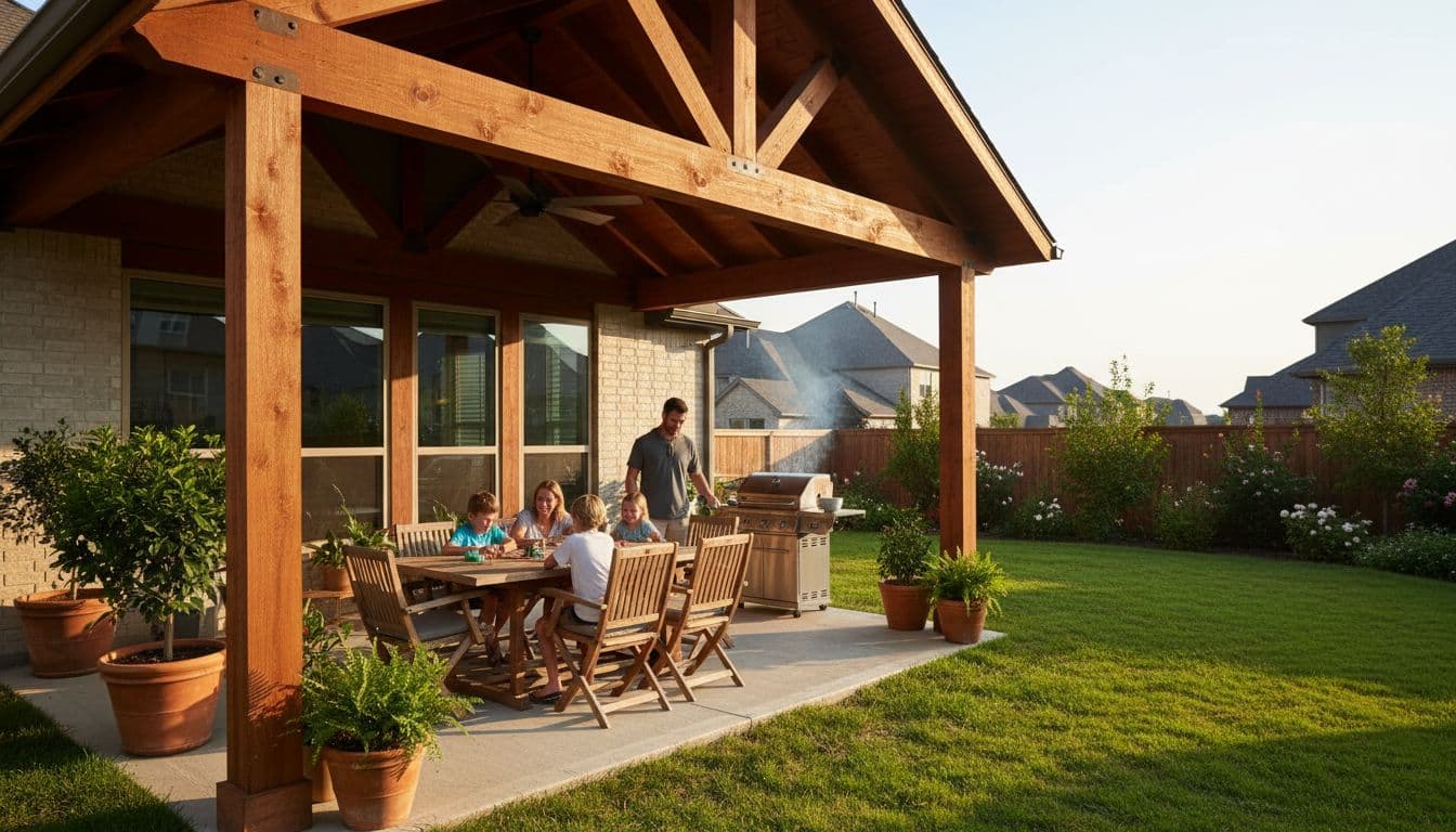 A stunning cedar patio cover on a suburban home in Aubrey TX provides deep shade over a spacious patio with a family of four relaxing, one adult grilling, surrounded by lush green lawn under Texas sun.