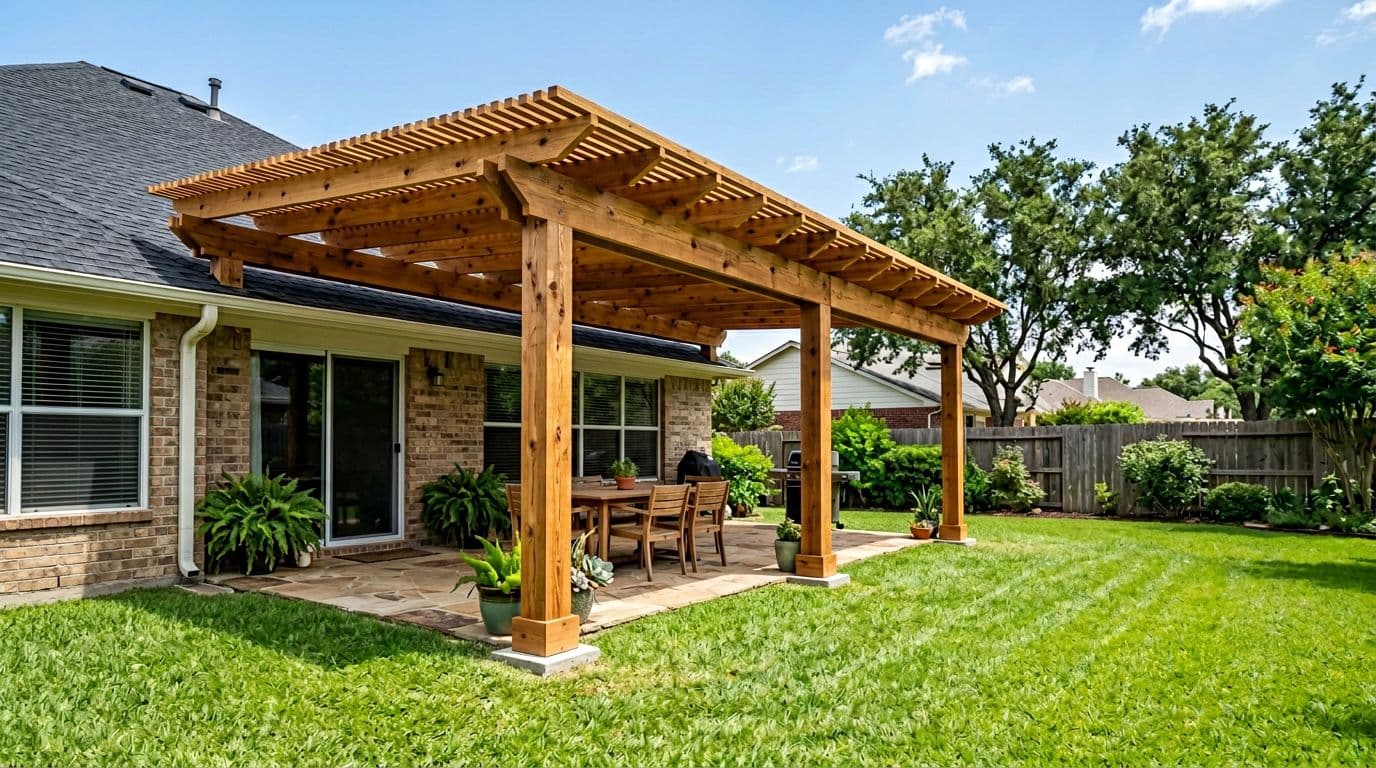 Realistic photo of a sturdy cedar patio cover attached to the house in a backyard, with four wooden posts spaced 8 feet apart, sloped cedar rafters and beam, sunny Texas afternoon lighting, and green lawn.