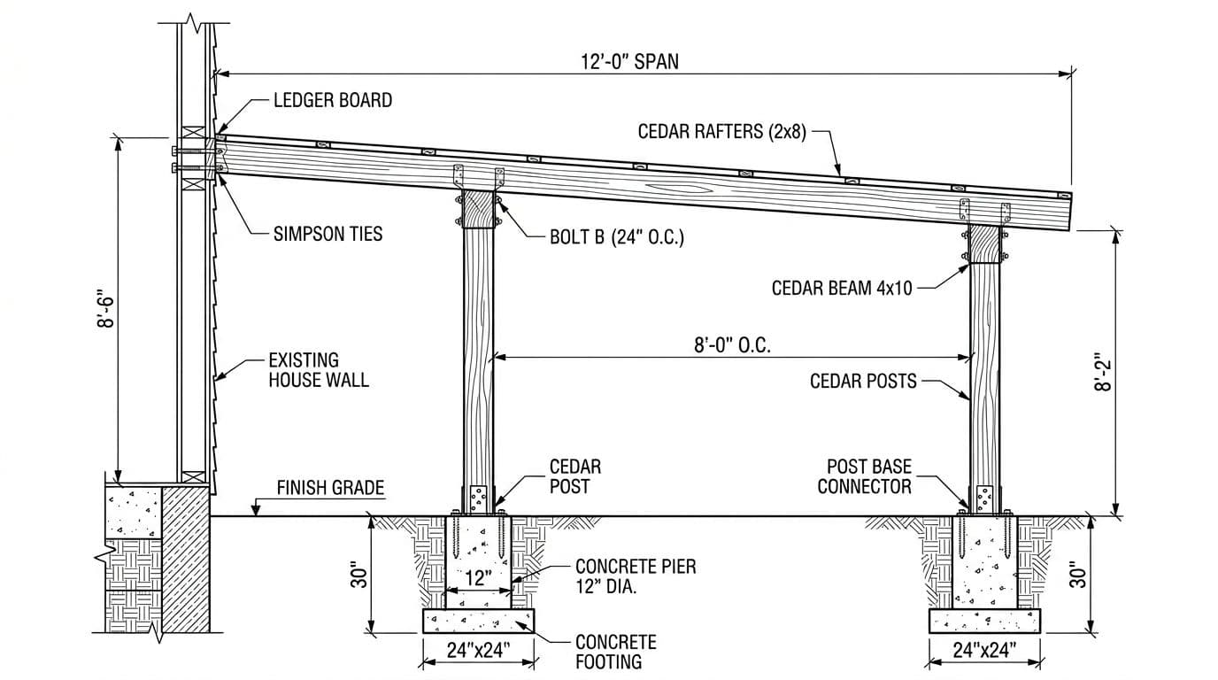 Clean technical vector blueprint of a cedar patio cover in elevation view, showing house wall attachment, front beam on posts with concrete footings spaced 8 feet apart, and spanning rafters.
