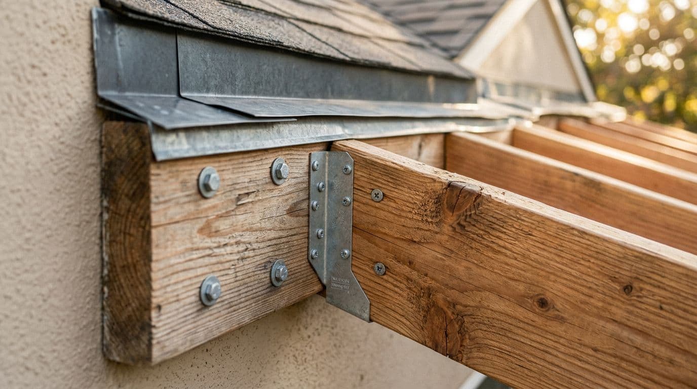 Tight close-up shot of ledger board and roof-to-wall flashing detail on a cedar patio cover, with rafter connection hardware including metal flashing, lag screws, structural screws, and joist hanger. Visible cedar grain texture, shallow depth of field, crisp focus on hardware and wood connections.
