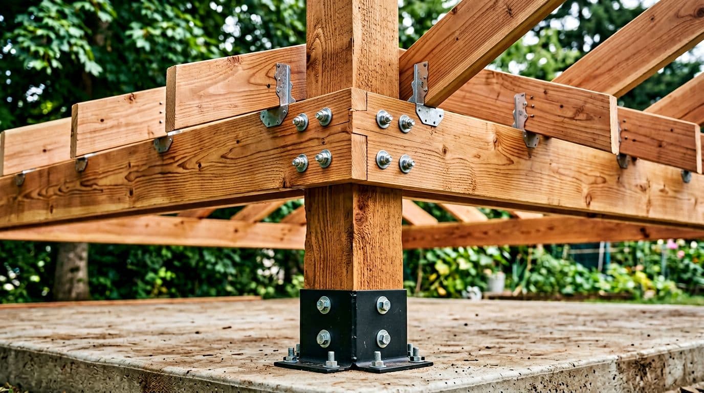 Photorealistic close-up of 6x6 cedar posts, 2x8 beams, and 2x6 rafters joined with galvanized hardware on a 12x12 patio cover, highlighting rich wood grain and clean craftsmanship under soft natural daylight.