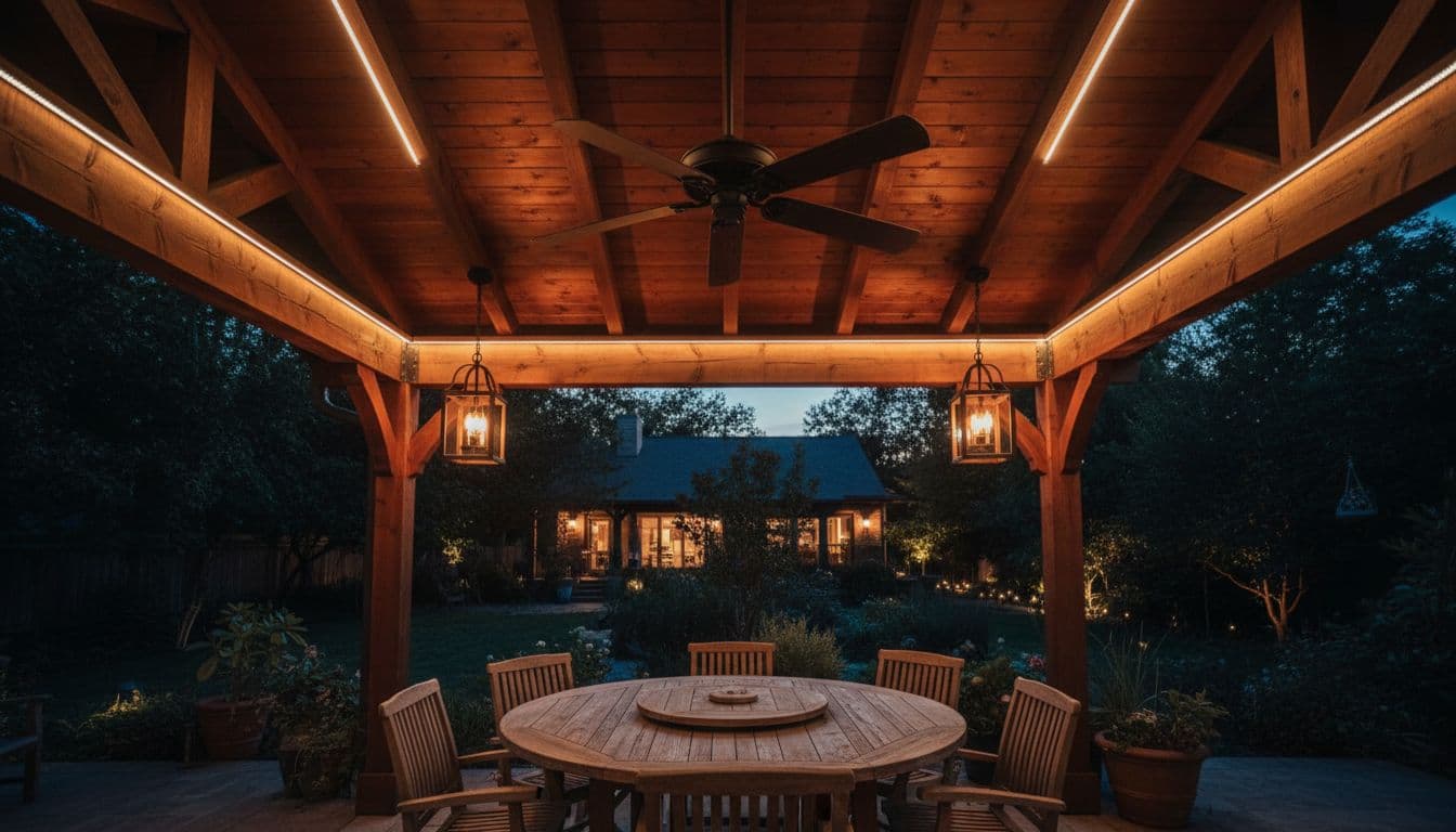Cedar patio cover with integrated lighting fixtures and ceiling fan in an evening scene, warm glow illuminating the dining area below, wood beams overhead, cozy cinematic atmosphere with dramatic lighting. Exactly one fan and two light fixtures visible, no people.