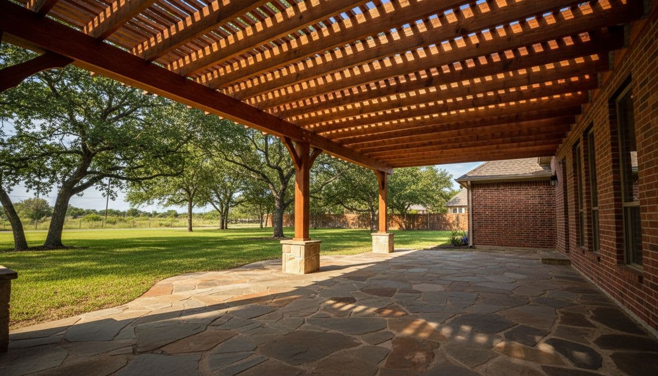 Cedar patio cover attached to a brick North Texas home, showing warm cedar beams and rafters over a stone patio