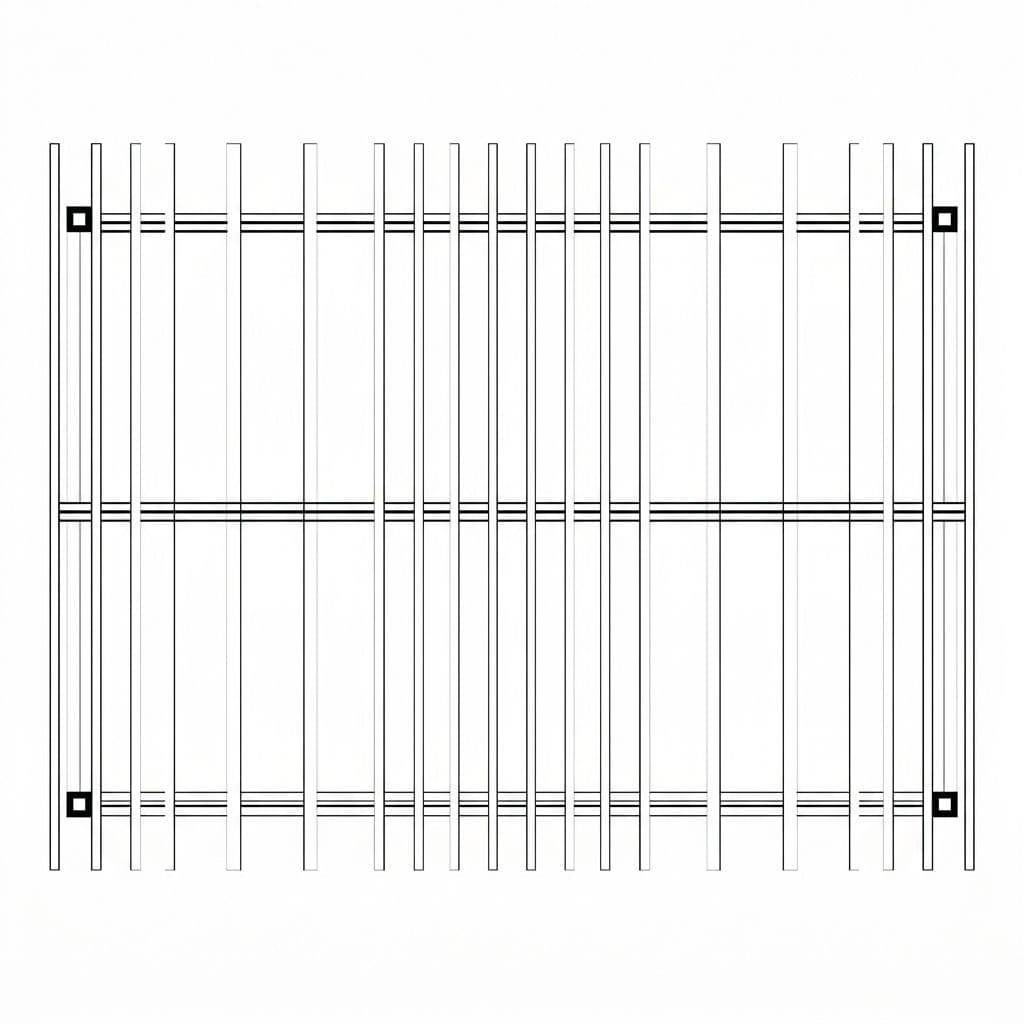 Top-down technical diagram of cedar patio cover layout with exactly four posts at corners and mid-span, beam outline, and rafter spacing lines in vector blueprint style on white background.