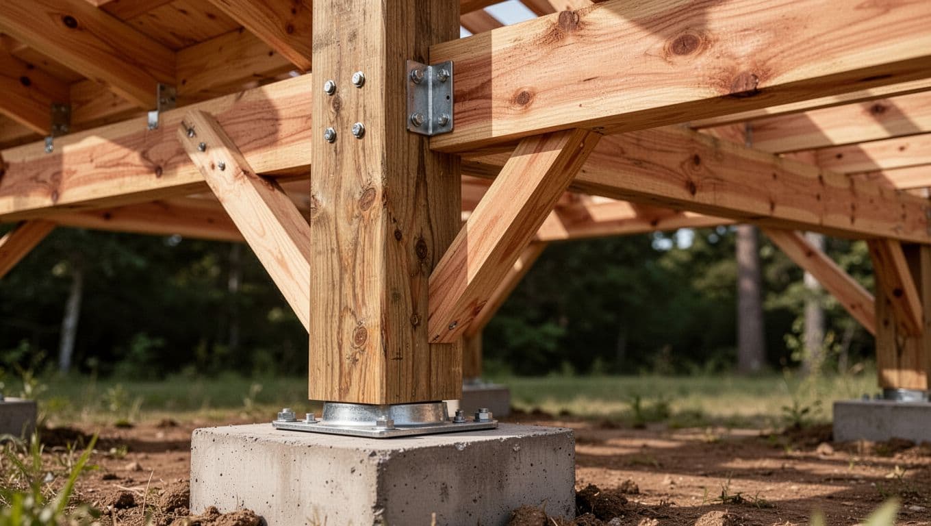 Photorealistic close-up of cedar patio cover construction on a 16x20 structure, focusing on 6x6 post base on concrete footing, 2x10 beam-post joint with knee brace, and cedar rafters on beam with detailed wood grain and metal hardware.