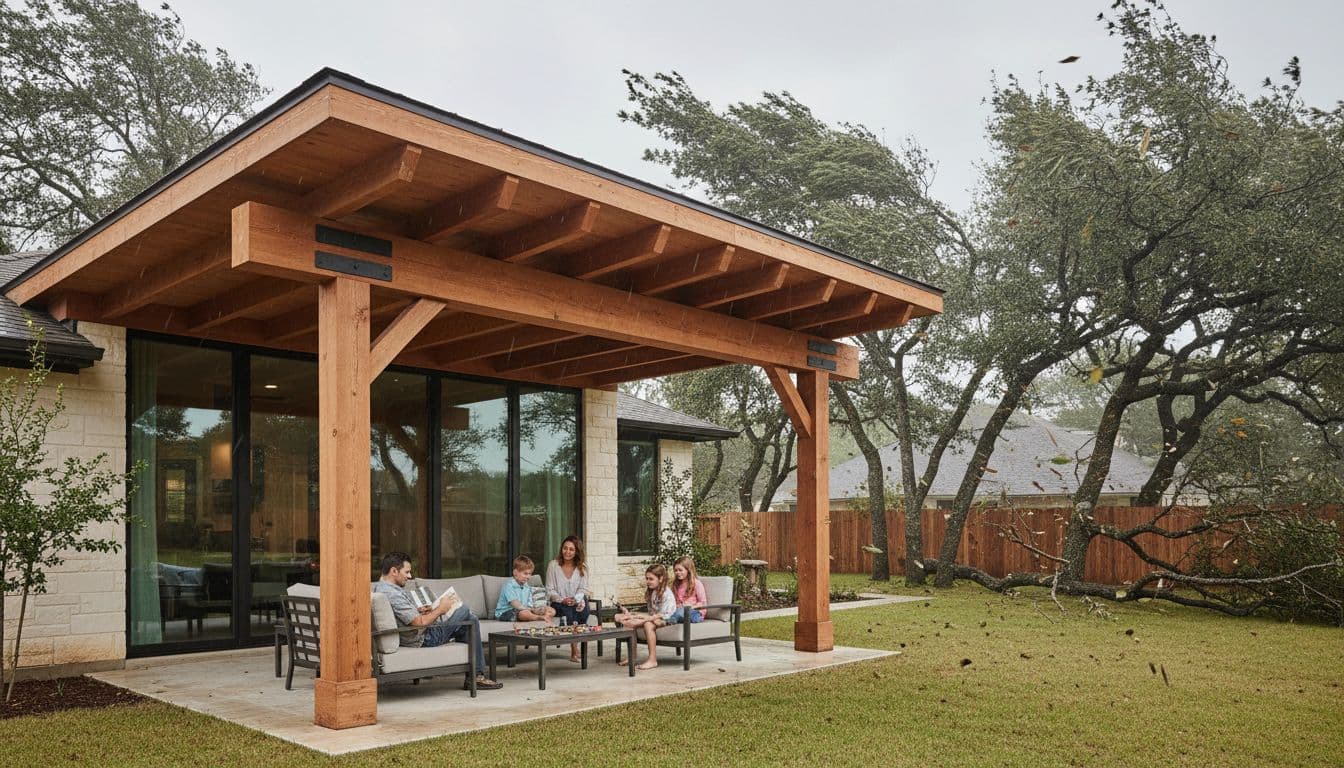 A sturdy cedar patio cover attached to a modern Texas home withstands a windy storm in the backyard, allowing a family of four to relax safely underneath. Wide-angle realistic photograph in natural daylight shows wind effects on trees while the cover remains perfectly stable.